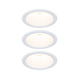 Drie witte LED-inbouwspots met warm wit licht voor moderne woonverlichting