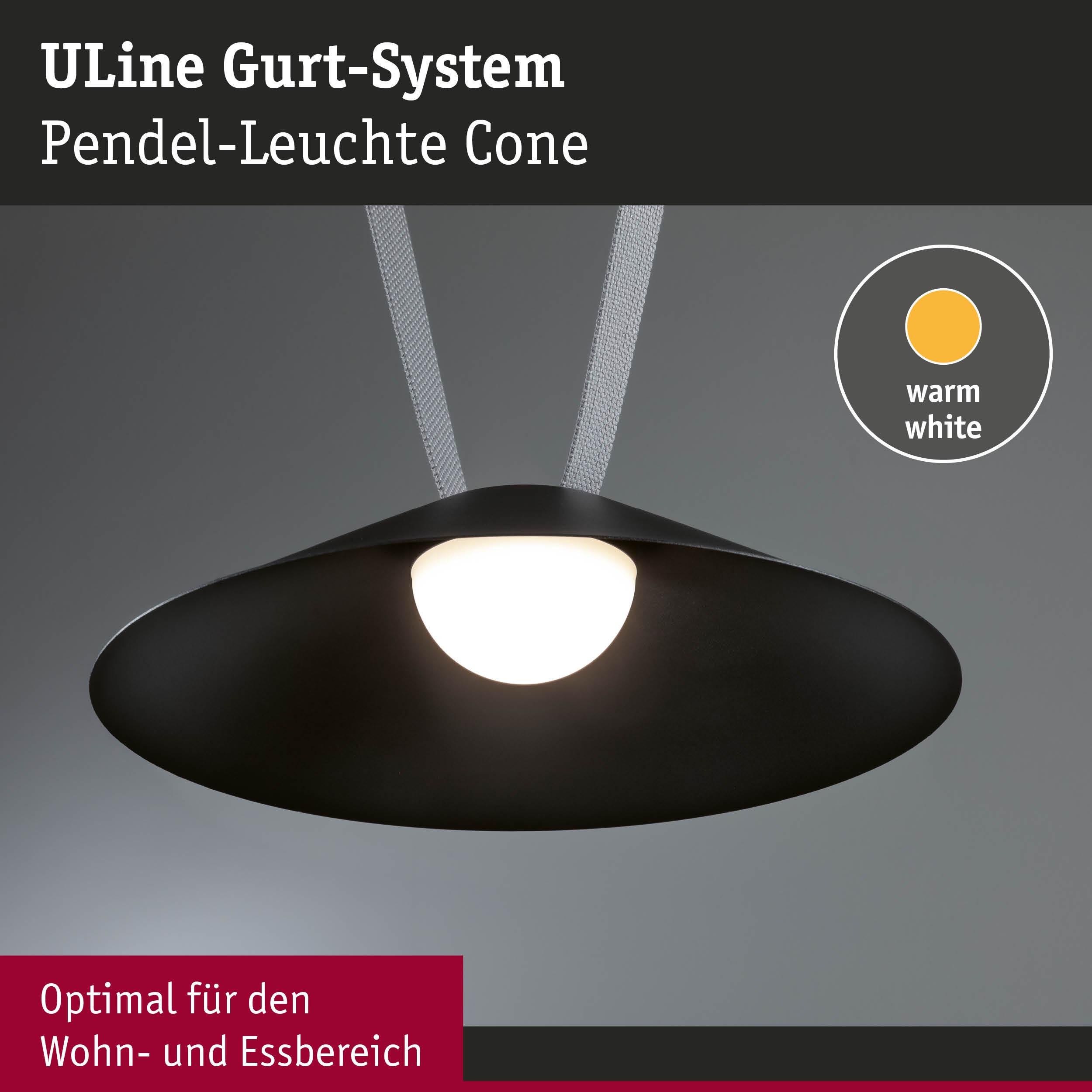 Schwarze Pendelleuchte Cone aus Metall mit warmweißem Licht, ideal für Wohn- und Essbereich