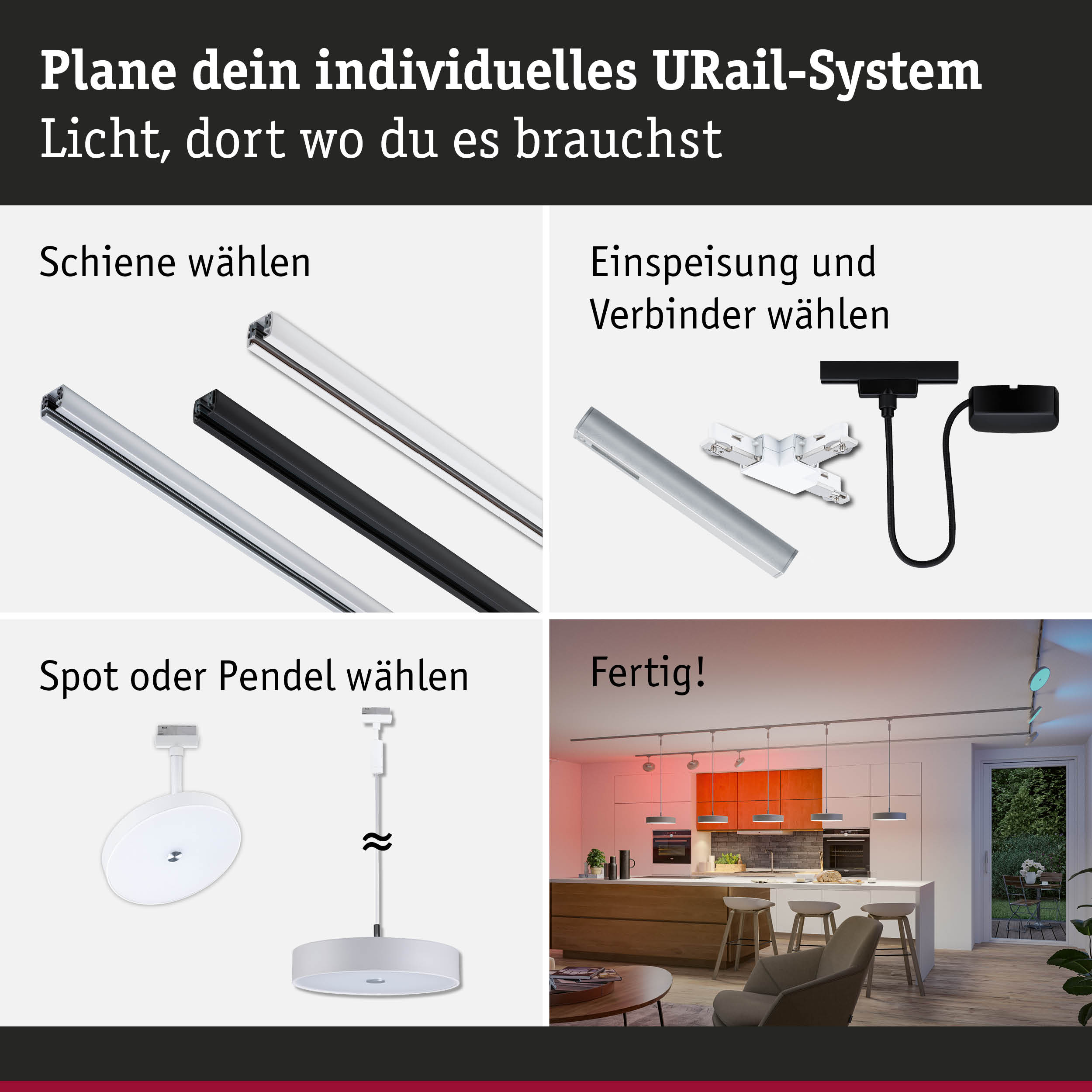 Modulares URail-Schienensystem mit weißen und schwarzen Schienen, Steckern und Pendelleuchten für flexible Beleuchtung