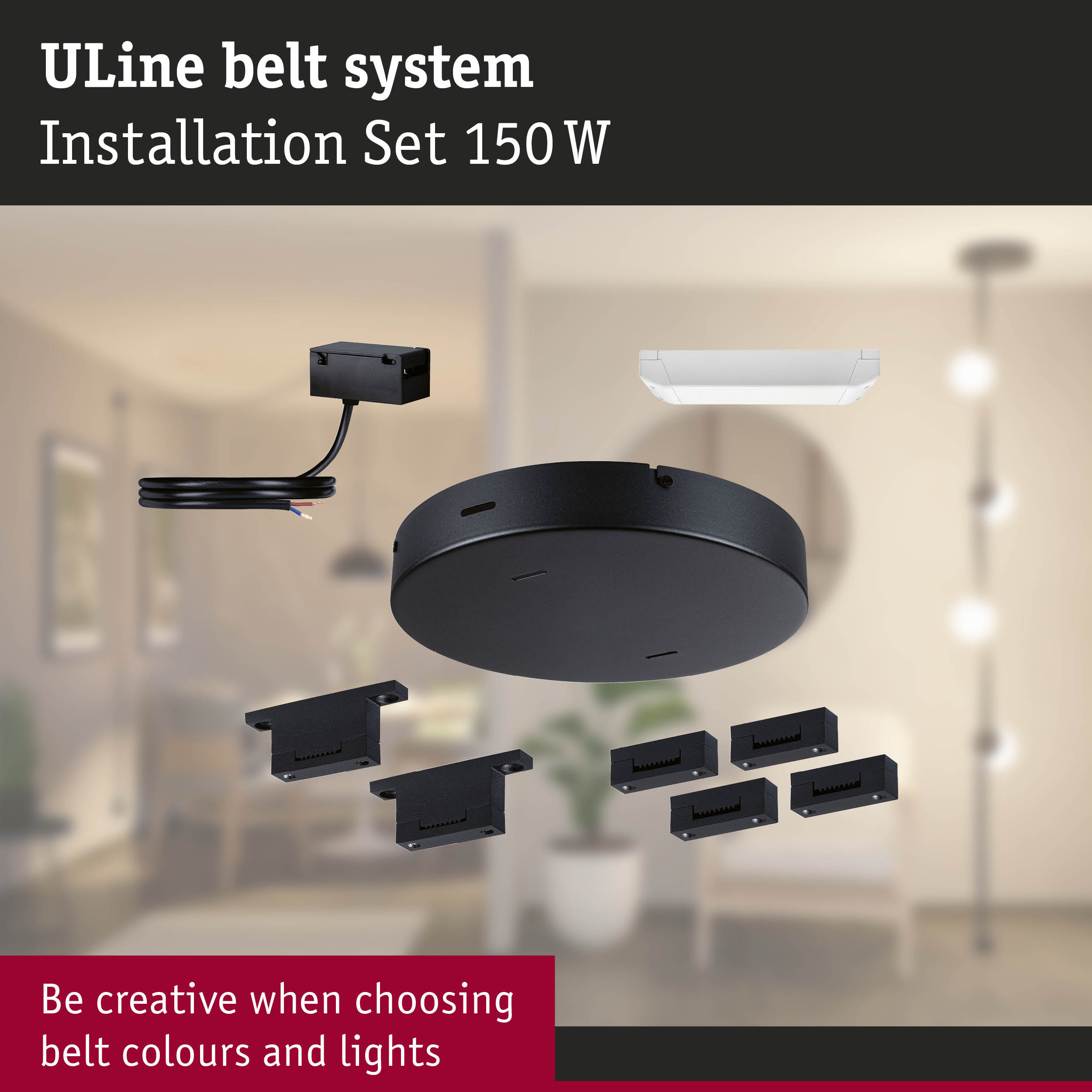 Black ULine Belt System installation set 150 W with cables and mounts for lighting systems