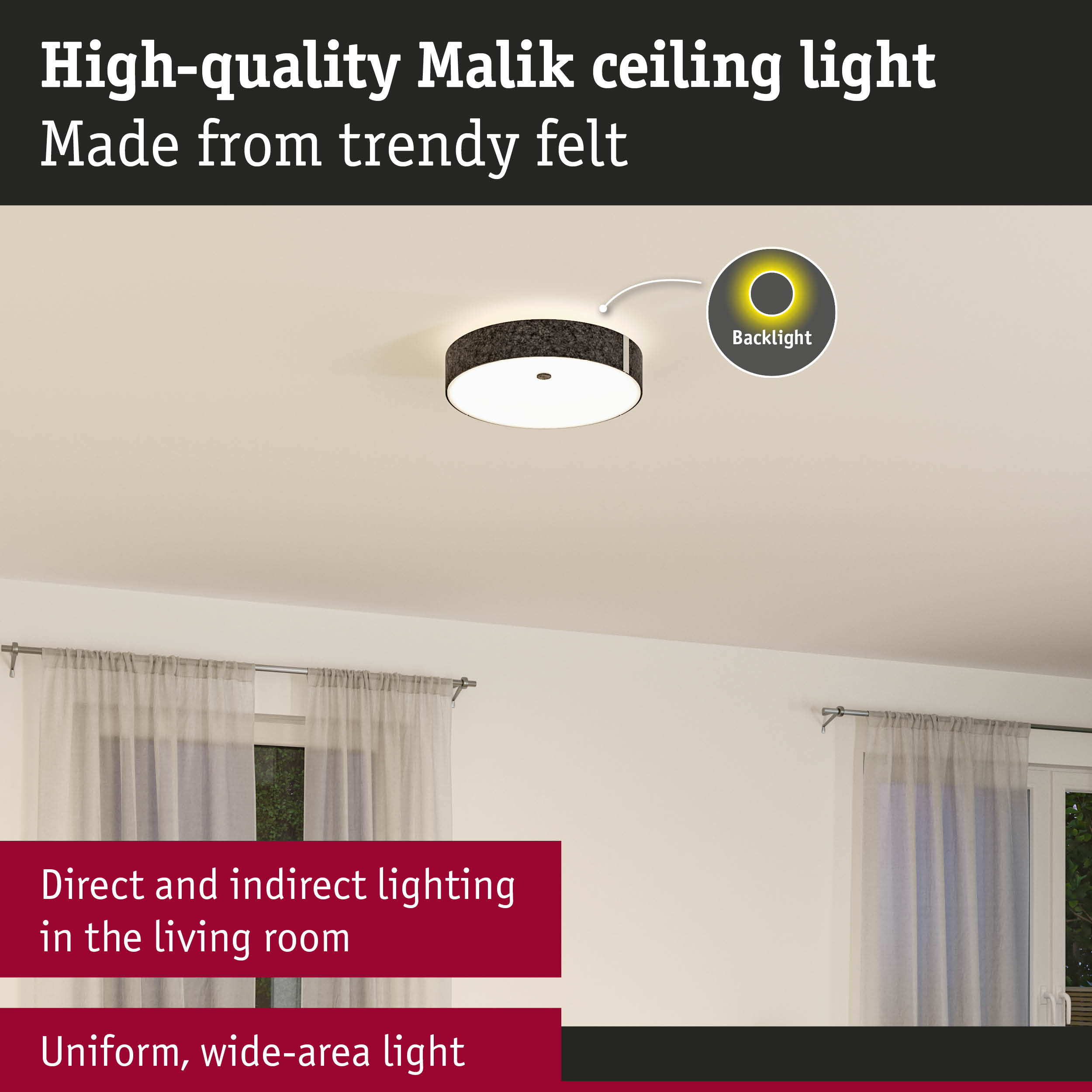 Malik ceiling light made of trendy dark grey felt with direct and indirect lighting for living rooms