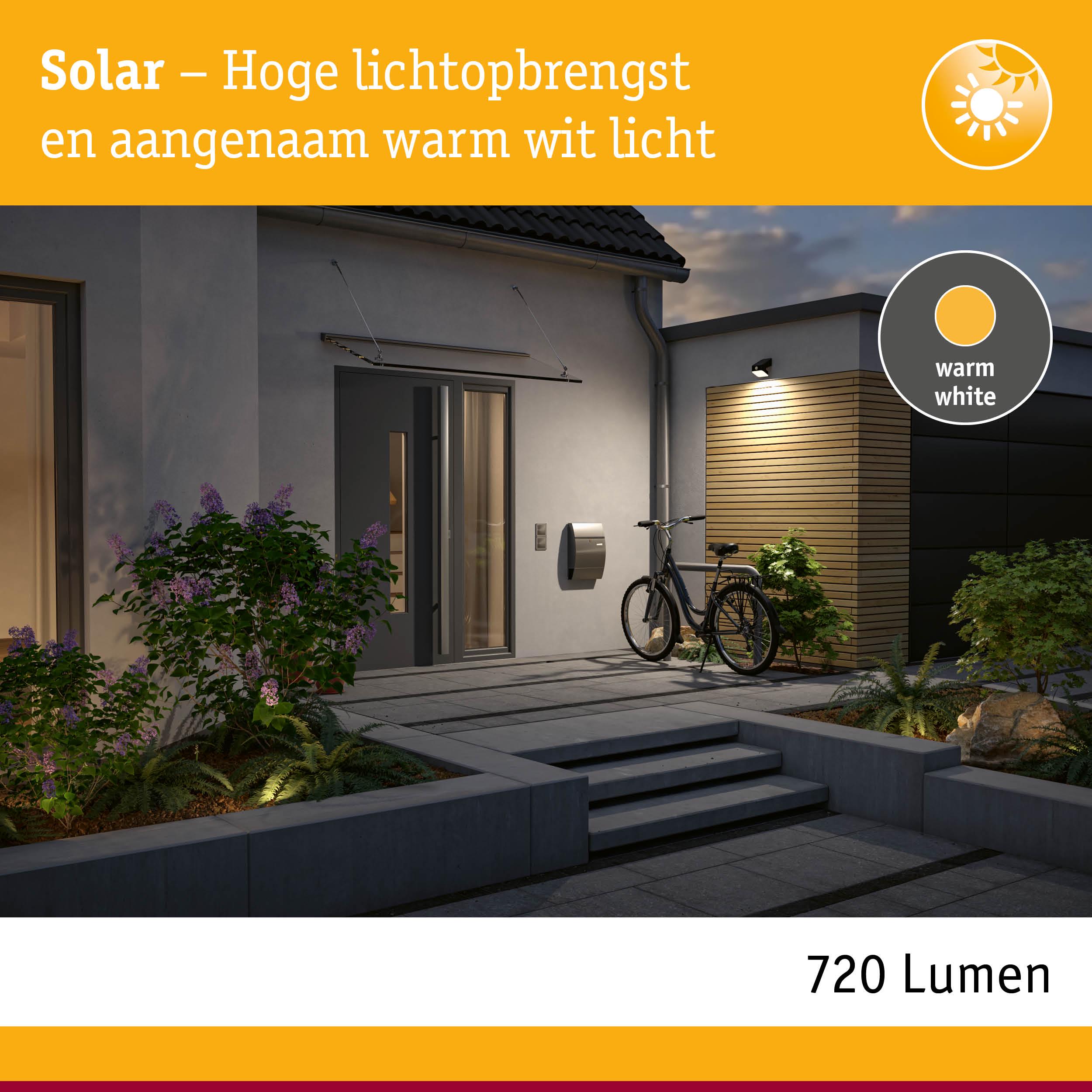 Zonne-energie buitenlamp met warm wit licht en 720 lumen voor heldere en aangename entreeverlichting
