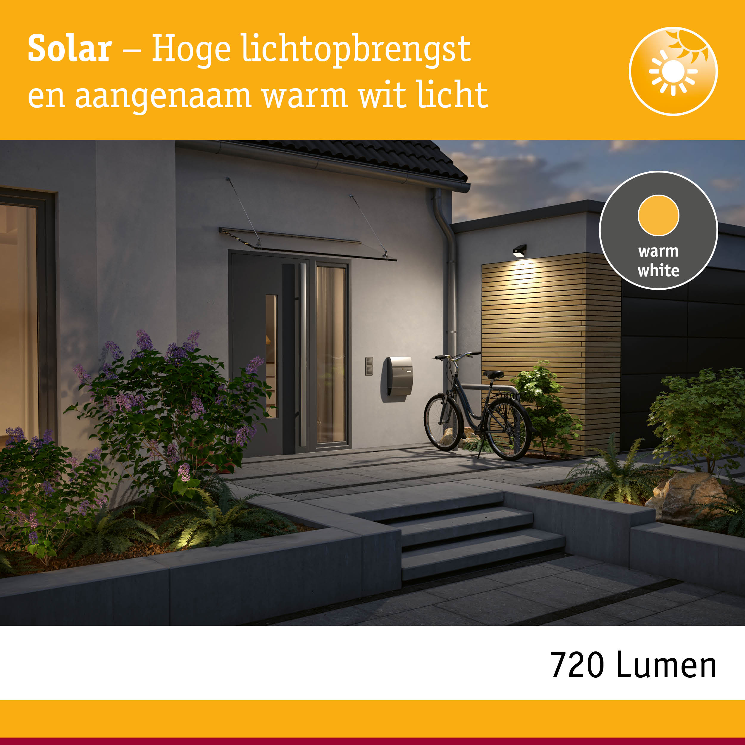 Zonne-energie buitenlamp met warm wit licht aan moderne gevel, energiezuinige LED-verlichting