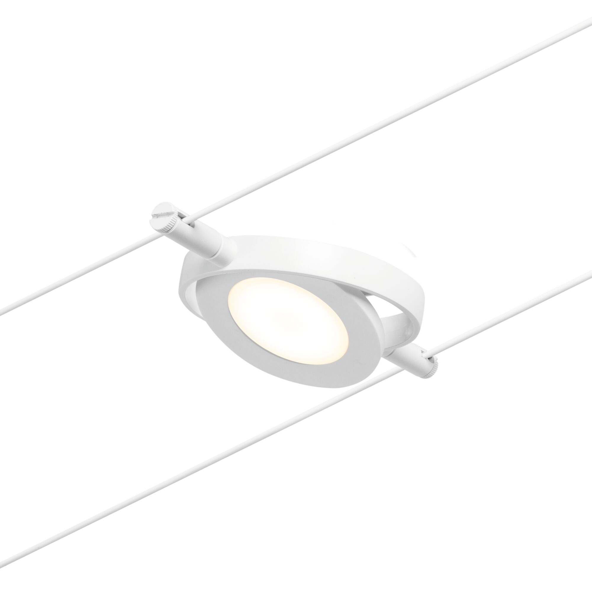Weißer LED-Seilstrahler aus Metall mit rundem Leuchtkopf für flexible Beleuchtungssysteme