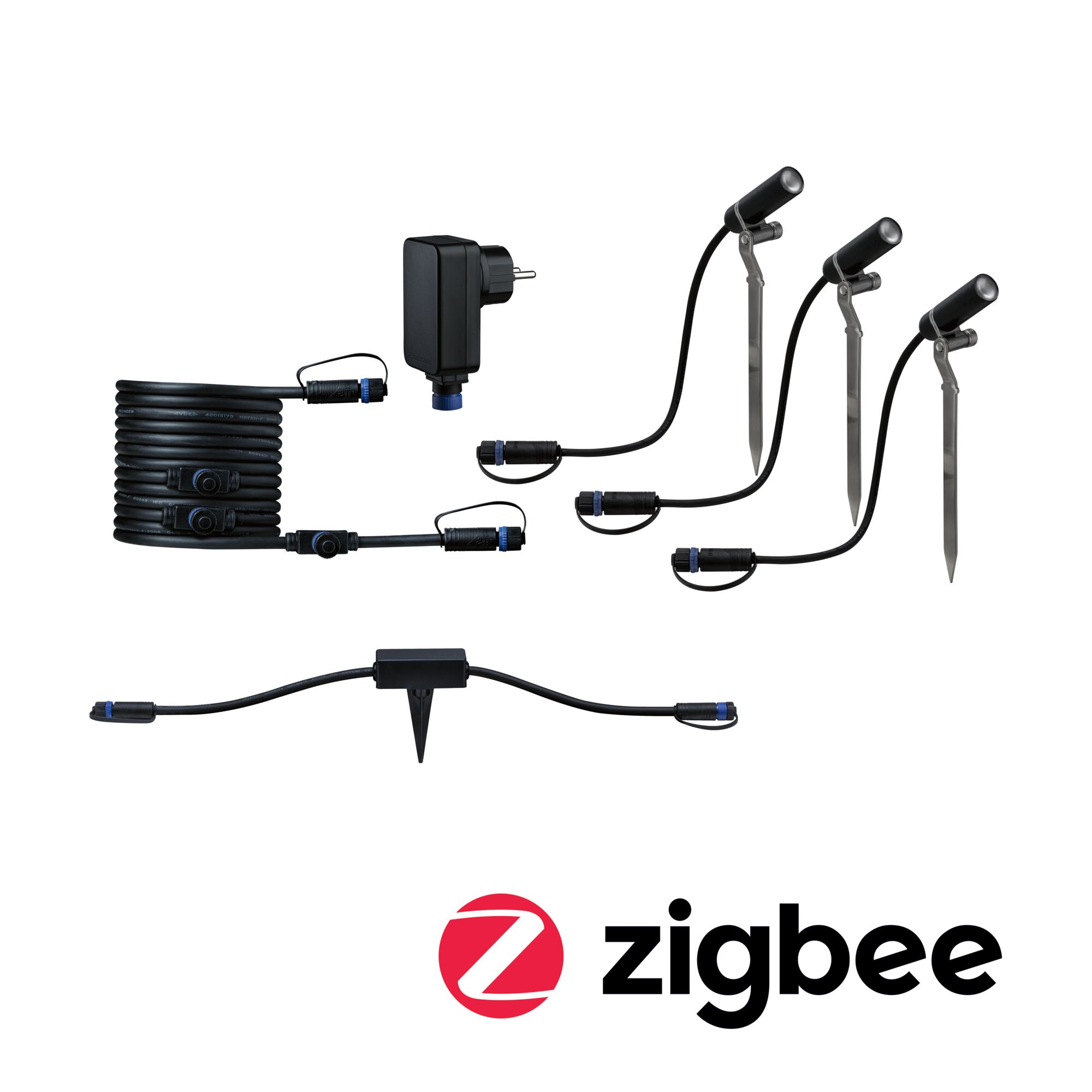Plug & Shine Kit Smart Home Zigbee 3.0 Projecteur de jardin LED Plantini IP65 3000K 3x2W 21VA Anthracite Ensemble d'éclairage de jardin Zigbee noir avec trois lampes LED sur piquets, câbles et adaptateur pour éclairage extérieur intelligent