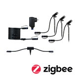 Zwarte Zigbee tuinverlichtingsset met drie LED-spieslampen, kabels en adapter voor slimme buitenverlichting