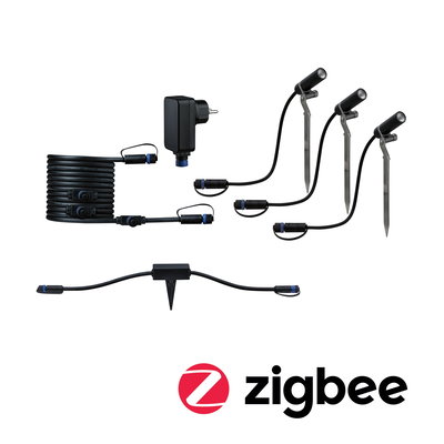 Schwarzes Zigbee Gartenlicht-Set mit drei LED-Spießleuchten, Kabeln und Netzteil für smarte Außenbeleuchtung