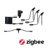 Zwarte Zigbee tuinverlichtingsset met drie LED-spieslampen, kabels en adapter voor slimme buitenverlichting