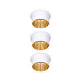 Three white recessed lights with gold reflector for modern LED ceiling lighting