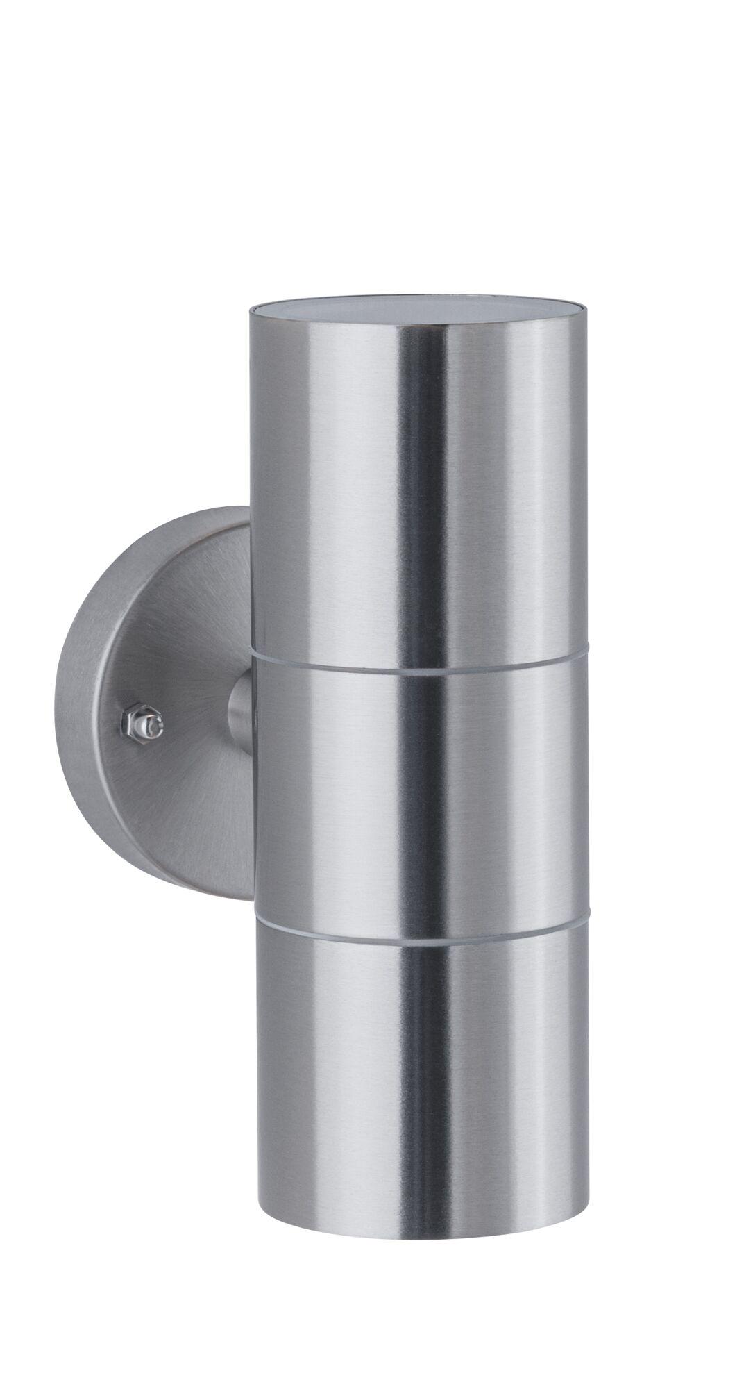 Modern stainless steel wall light in silver with cylindrical design for outdoor lighting