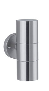 Modern stainless steel wall light in silver with cylindrical design for outdoor lighting