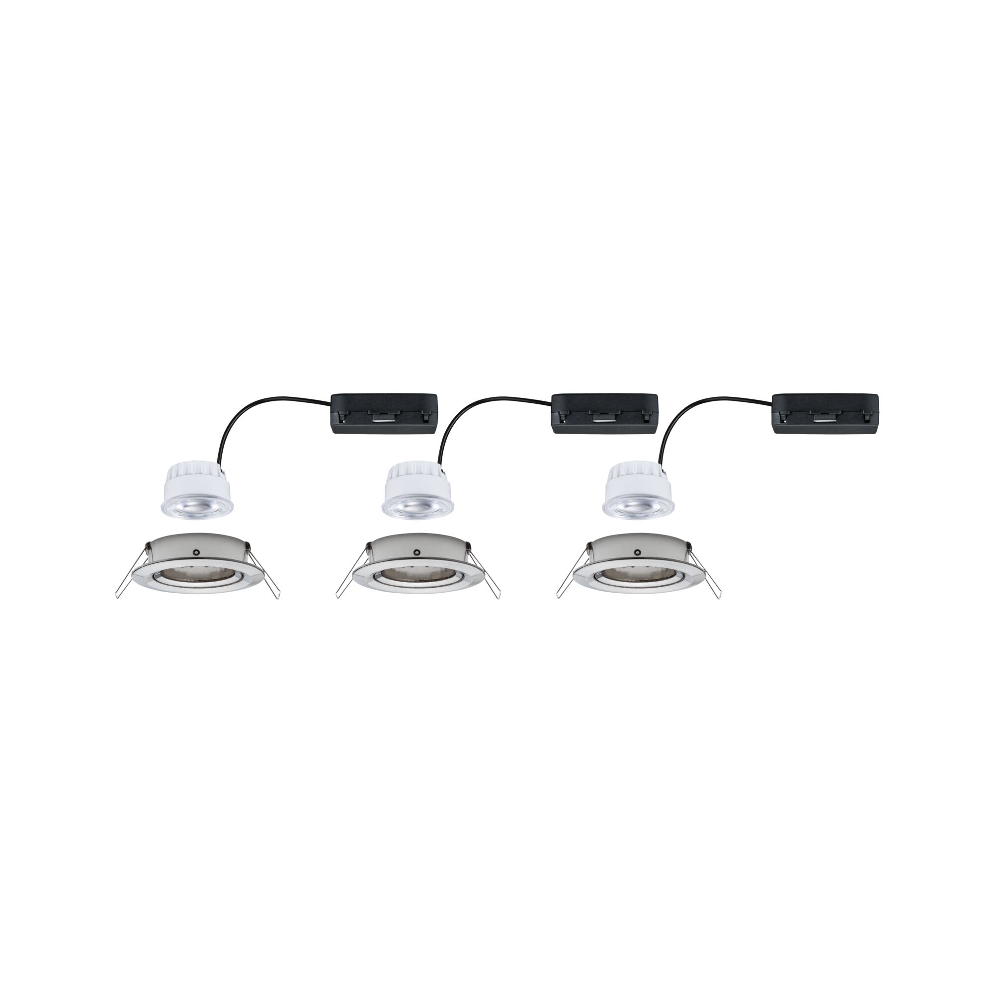 Three white LED recessed spotlights with silver metal frame and black connection cable for modern lighting