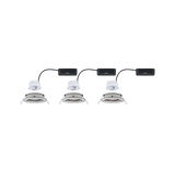 Three white LED recessed spotlights with silver metal frame and black connection cable for modern lighting
