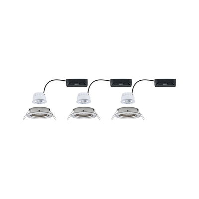 Three white LED recessed spotlights with silver metal frame and black connection cable for modern lighting
