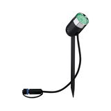 Zwarte LED-tuinschijnwerper met grondpen en groen licht, weerbestendige buitenverlichting