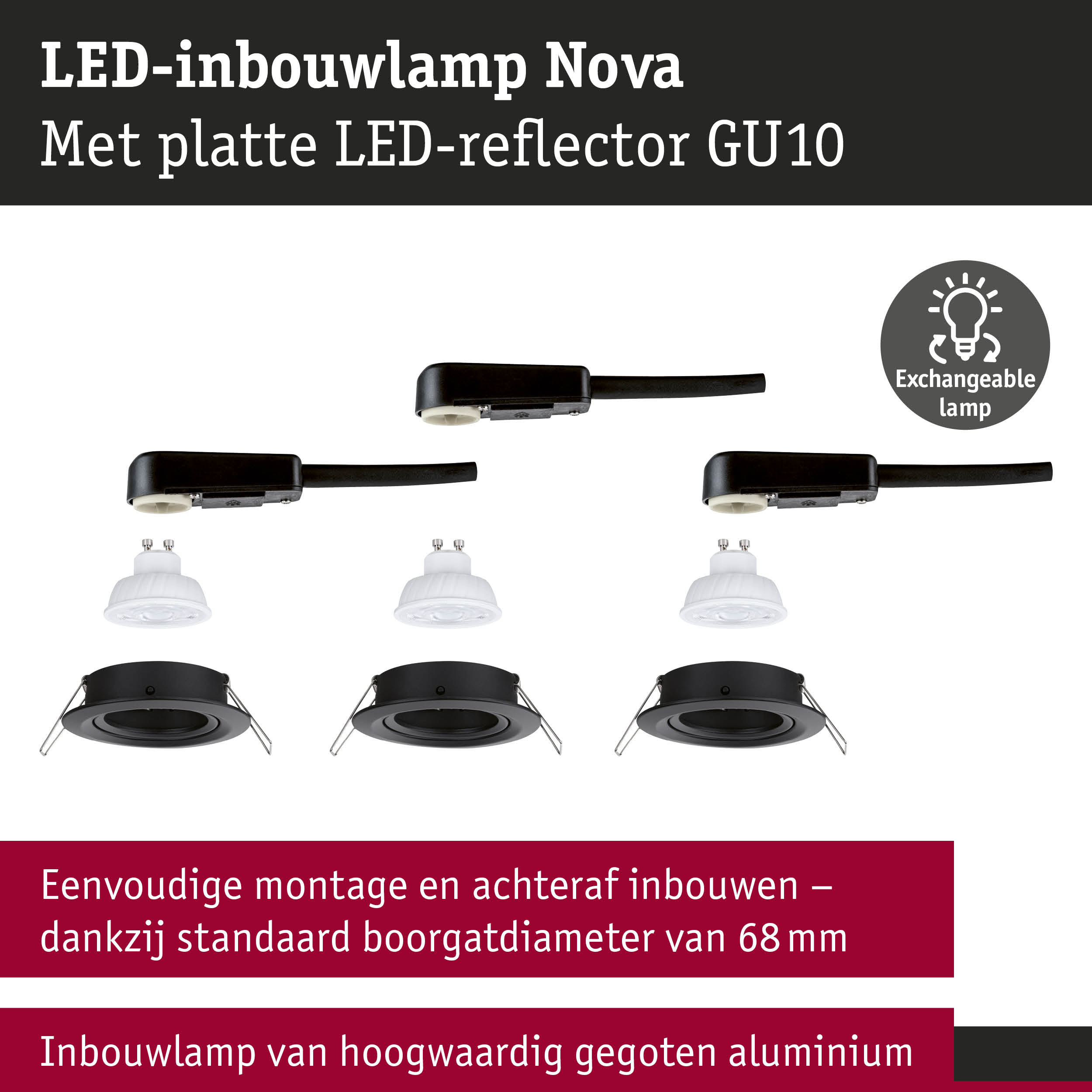 LED-inbouwlamp Nova met platte LED-reflector GU10 in zwart en aluminium, eenvoudige montage