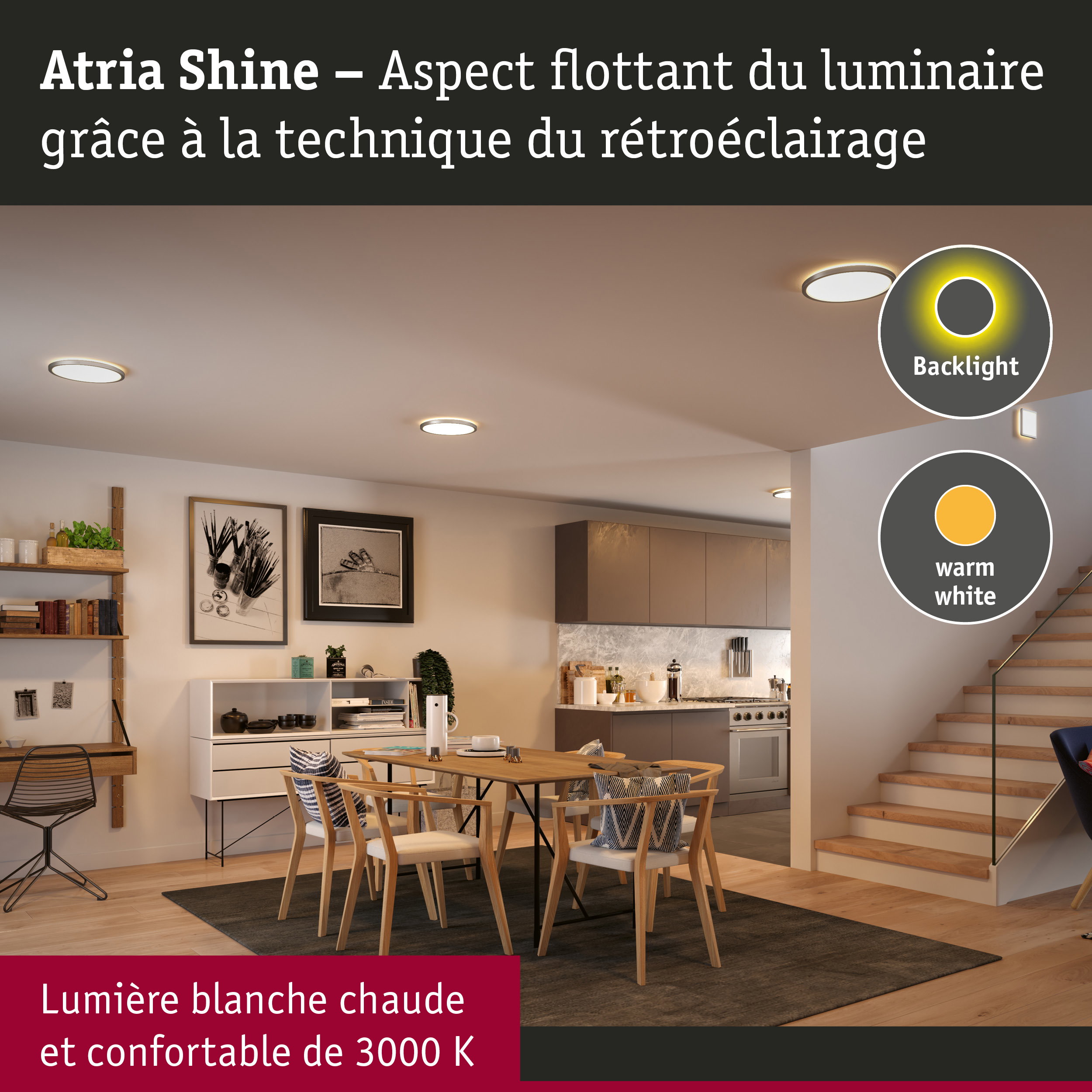 Luminaires LED Atria Shine modernes avec rétroéclairage blanc chaud dans une salle à manger confortable