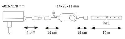 Technical drawing showing dimensions of plugs and cables for LED lighting with 10 m length.