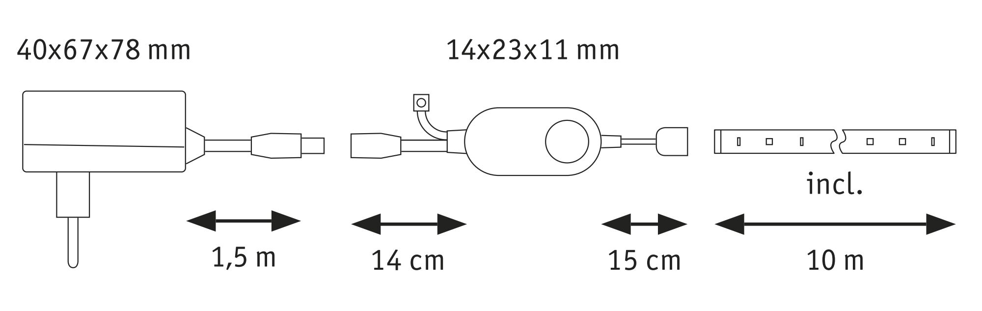 Technical drawing showing dimensions of plugs and cables for LED lighting with 10 m length.
