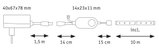Schéma technique avec dimensions des prises et câbles pour éclairage LED de 10 m de long.