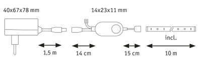 Schéma technique avec dimensions des prises et câbles pour éclairage LED de 10 m de long.