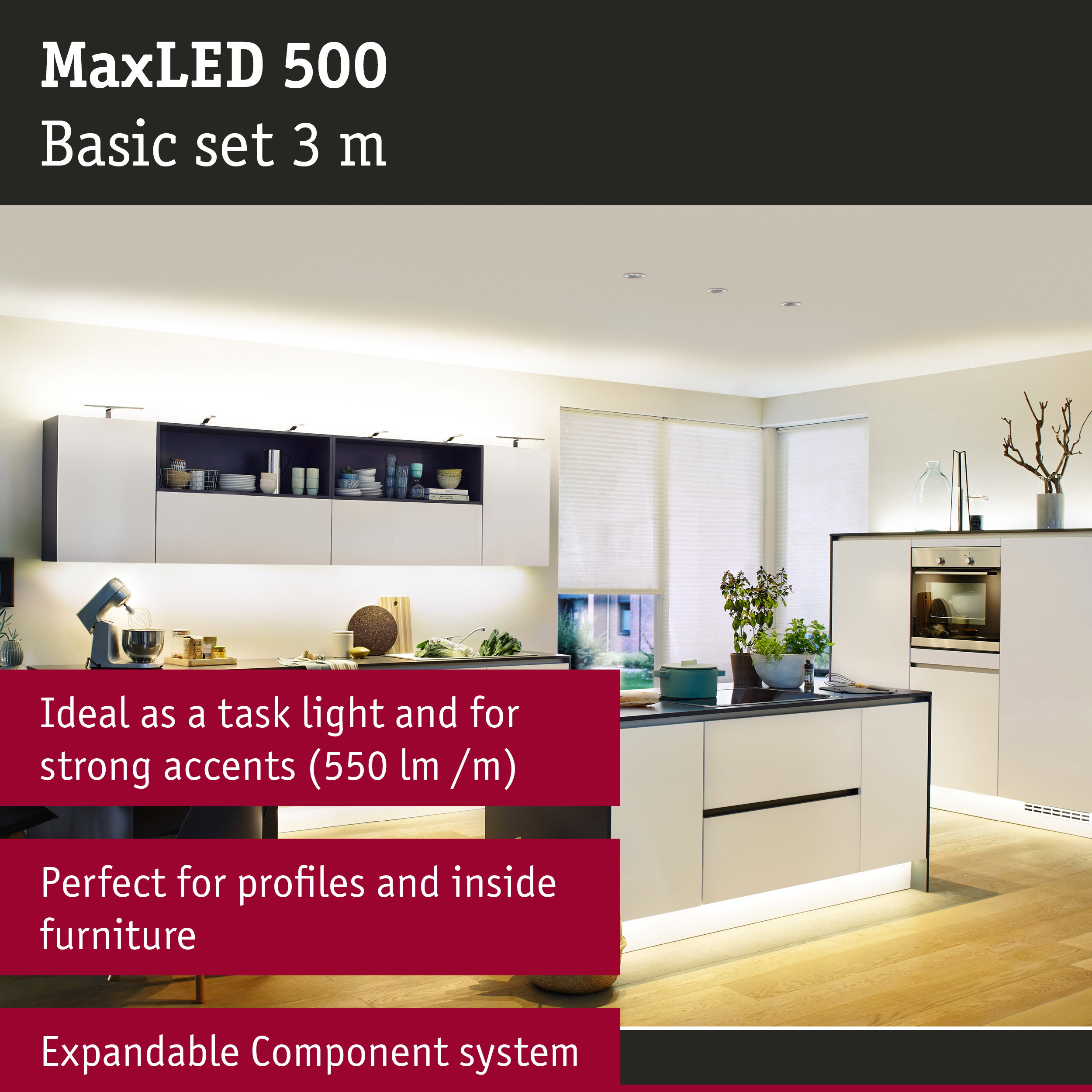Modern white kitchen with LED lighting under cabinets and countertop, kitchen lighting setup