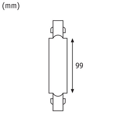 Technical drawing showing 99 mm length of a rectangular component with mounting parts.