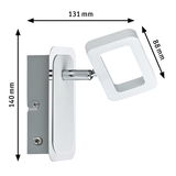 Moderner LED-Wandleuchter aus Metall in Weiß mit verstellbarem quadratischem Leuchtkopf und Maßen.