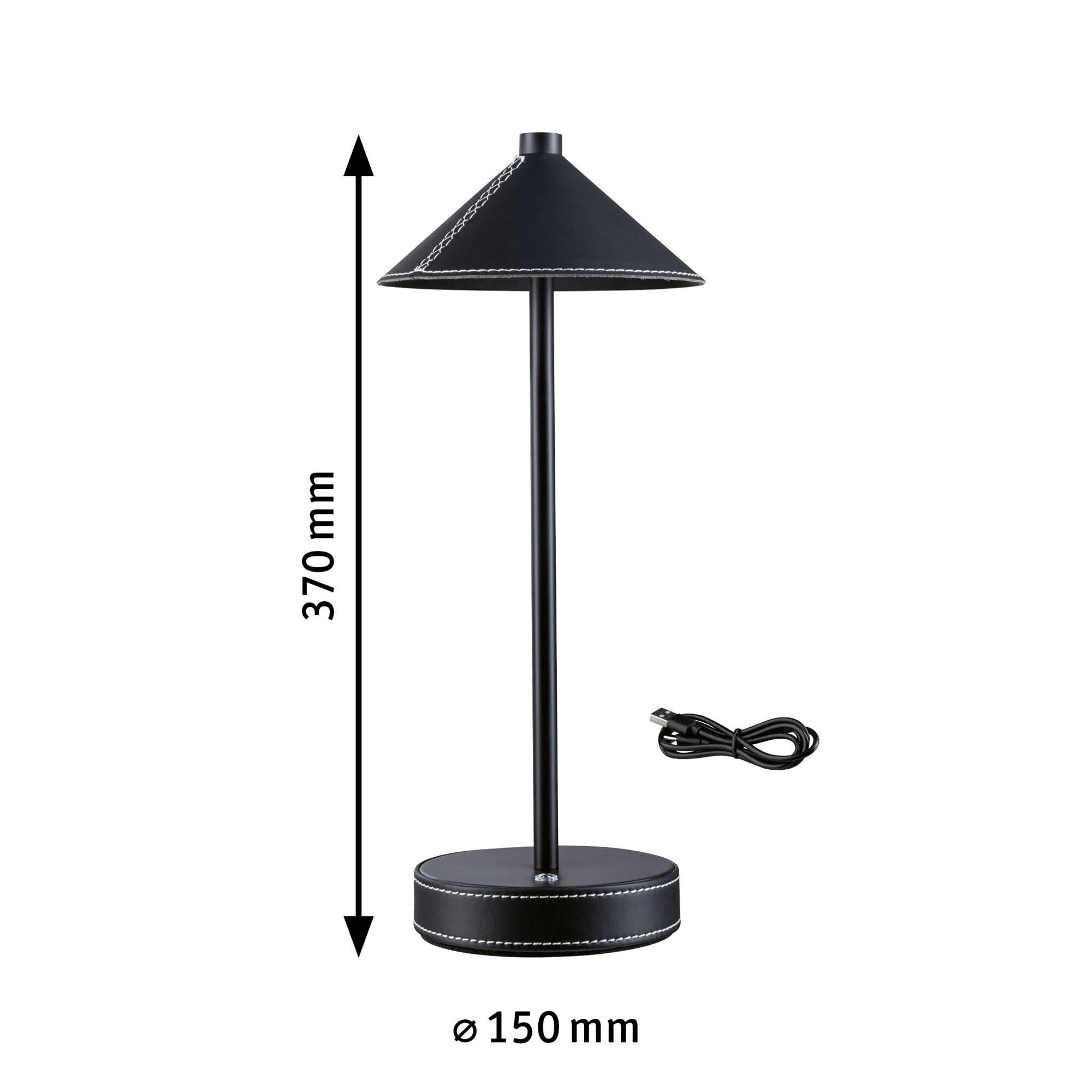 Schwarze Tischlampe aus Metall mit Lederoptik und USB-Kabel, 370 mm hoch, 150 mm Durchmesser