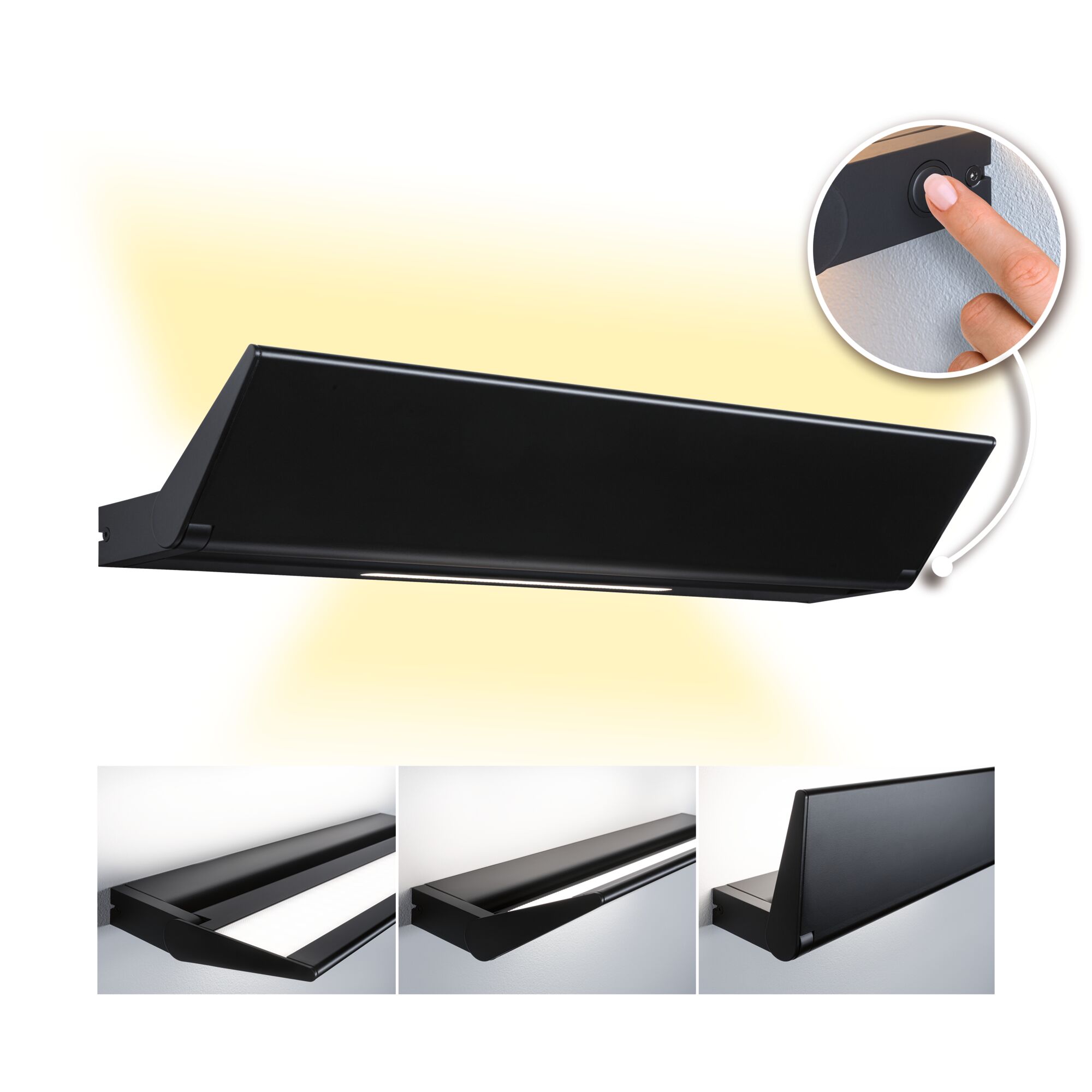 Black metal LED wall light with warm white illumination and built-in switch for home lighting.