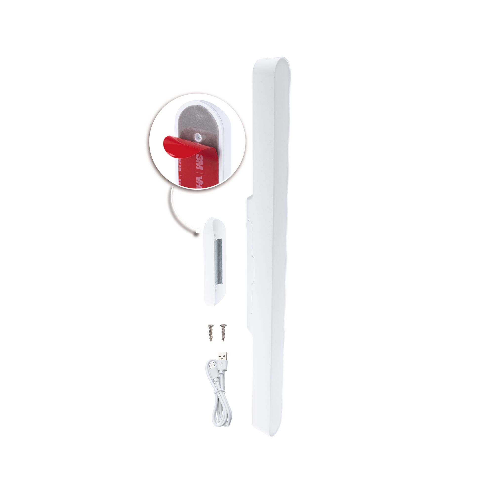 White LED light bar with USB cable, screws, and adhesive pad for versatile lighting setup