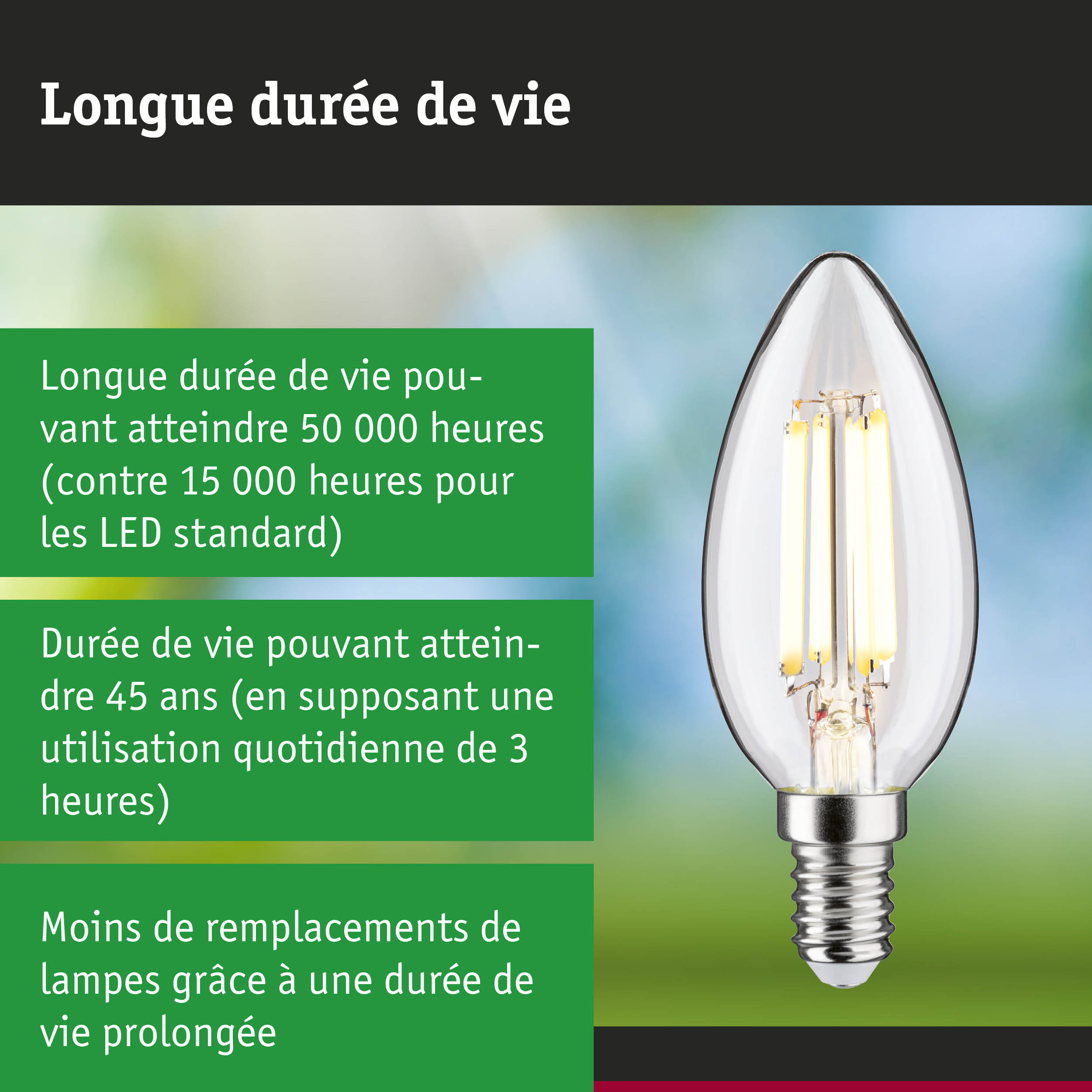 Ampoule LED avec durée de vie de 50 000 heures, éclairage économique et design durable
