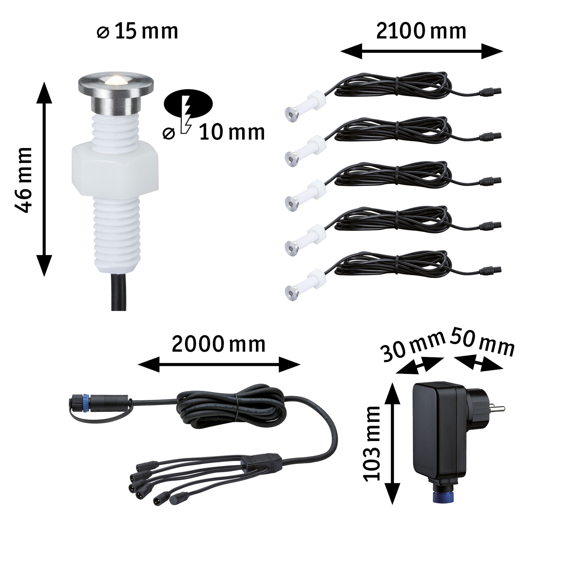 Technische Zeichnung LED-Einbaustrahler aus Edelstahl mit Kabeln und Netzteil, Maße und Details.