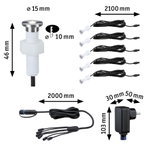 Schéma technique de spots LED encastrés en acier inoxydable avec câbles et alimentation, dimensions indiquées.