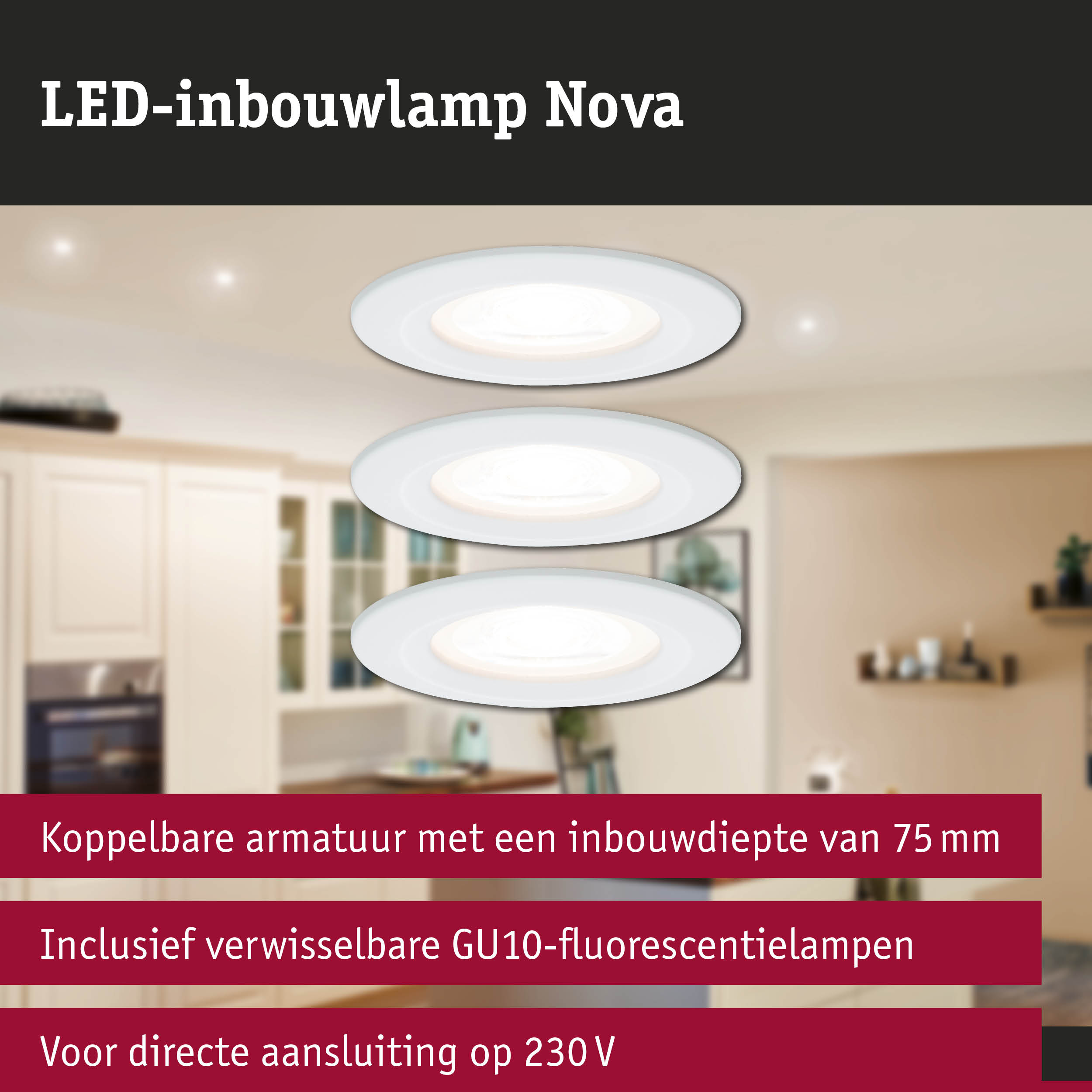 Witte LED-inbouwlamp Nova met GU10-fitting en 75 mm inbouwdiepte voor directe 230V aansluiting