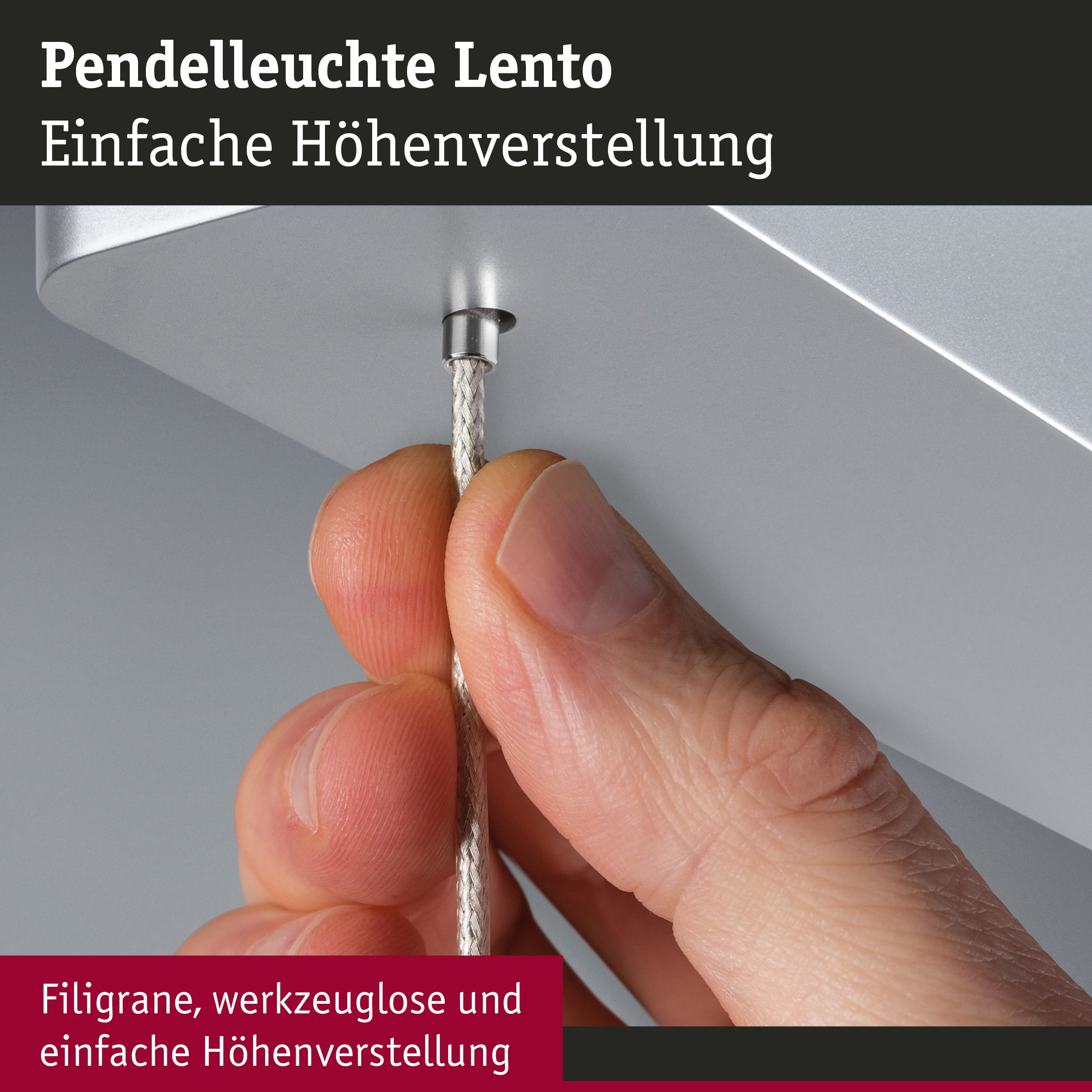 Nahaufnahme einer Hand, die das silberne Kabel einer Pendelleuchte Lento mit einfacher Höhenverstellung hält