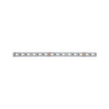 Flexible LED-Lichtleiste mit warmweißen LEDs auf silberner Platine für moderne Beleuchtung.