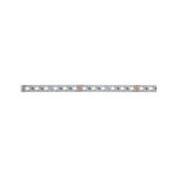 Flexible LED-Lichtleiste mit warmweißen LEDs auf silberner Platine für moderne Beleuchtung.