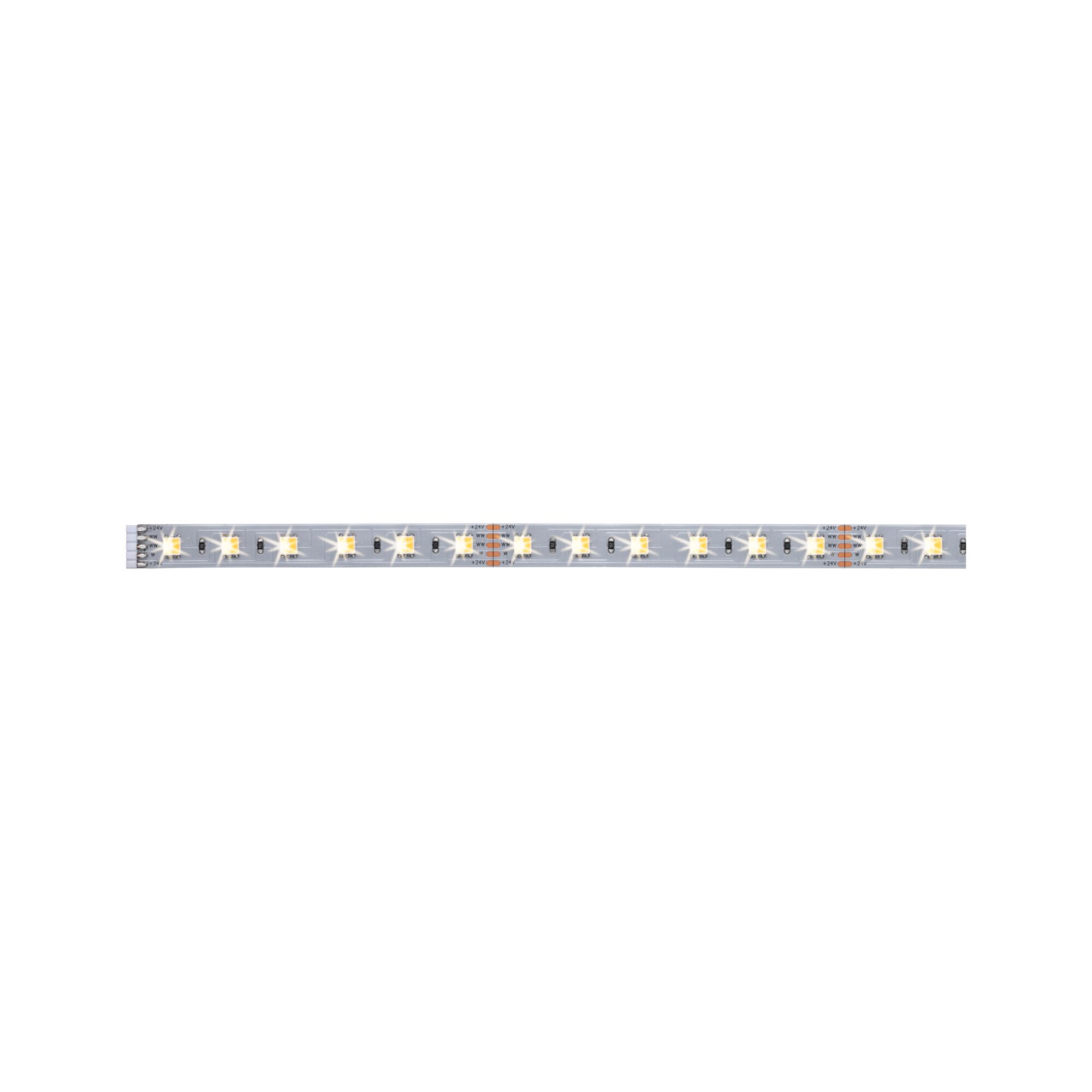 Flexible LED-Lichtleiste mit warmweißen LEDs auf silberner Platine für dekorative Beleuchtung