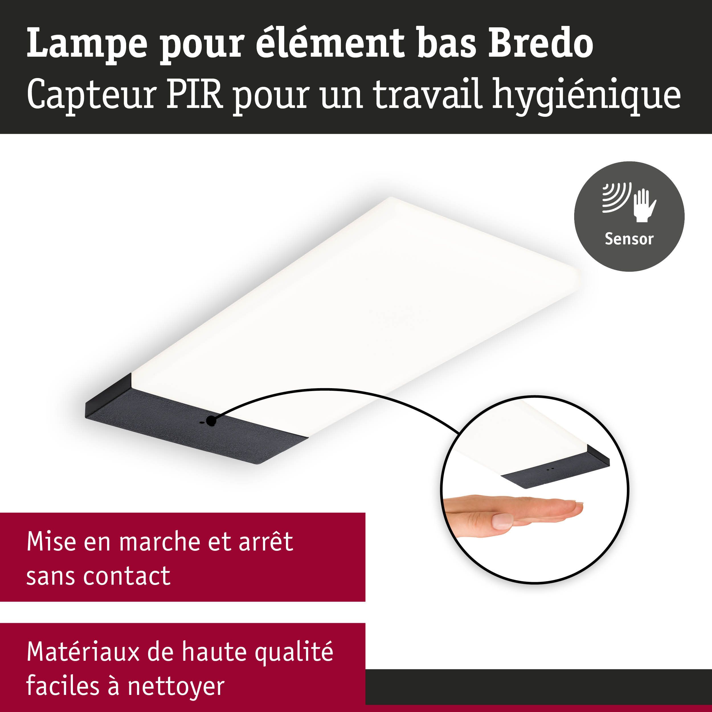 Lampe sous-meuble Bredo blanche et noire avec capteur PIR, commande sans contact pour hygiène