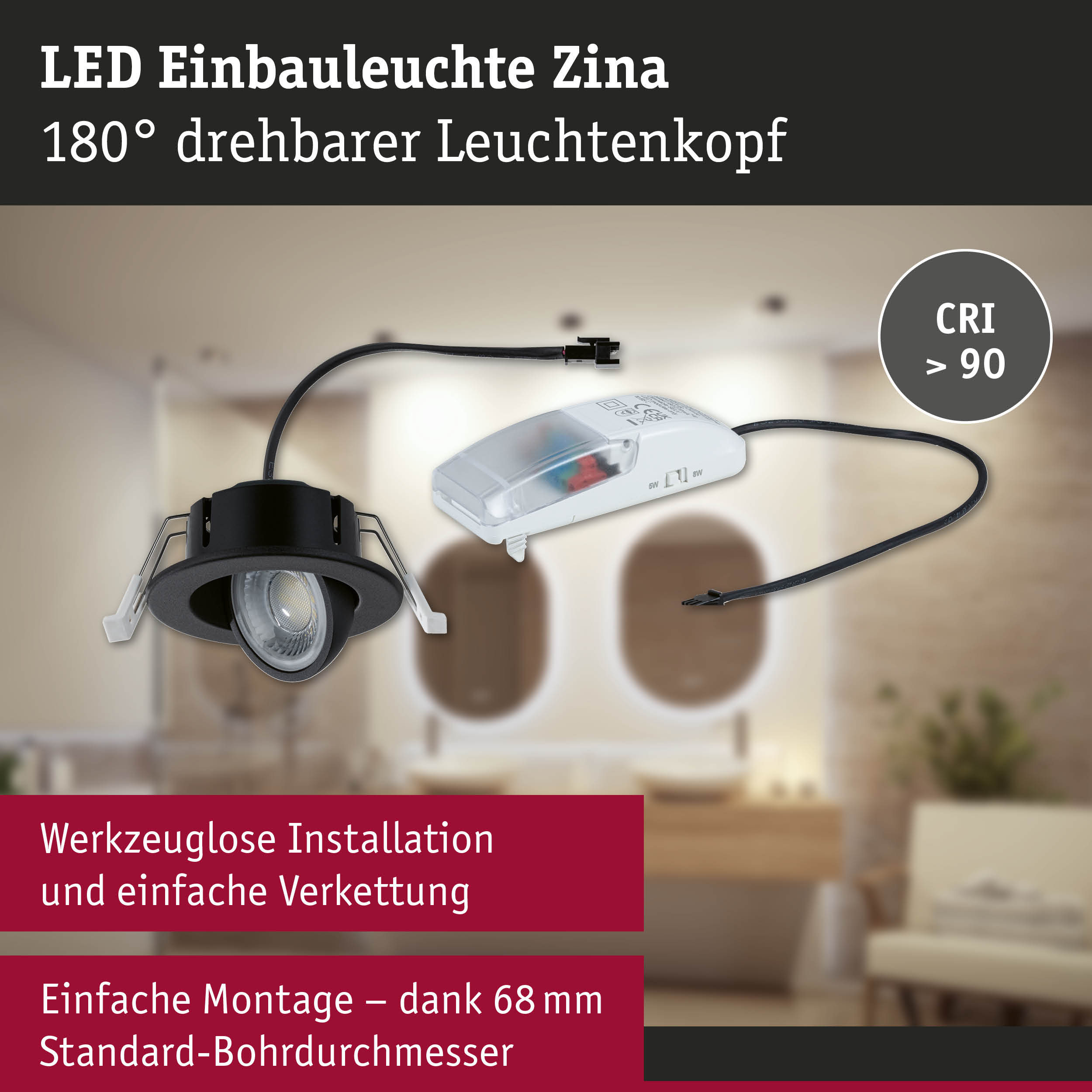 Schwarze LED Einbauleuchte Zina mit 180° drehbarem Leuchtenkopf und einfache Installation