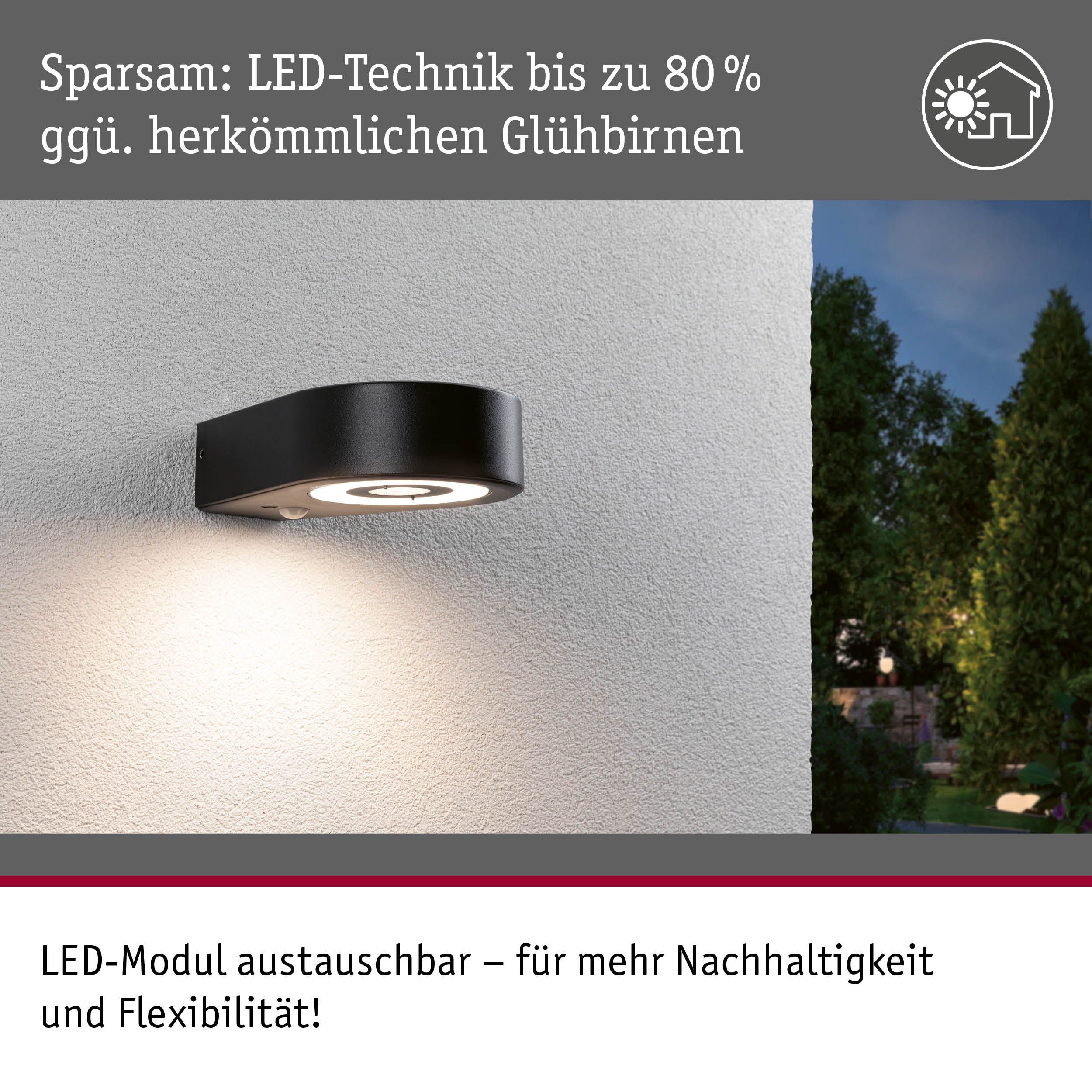 Schwarze LED-Außenwandleuchte aus Metall mit energiesparender Technik und austauschbarem LED-Modul