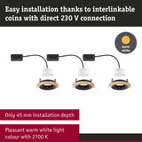 Three interlinkable LED recessed lights with wooden ring, 45 mm installation depth, warm white 2700 K