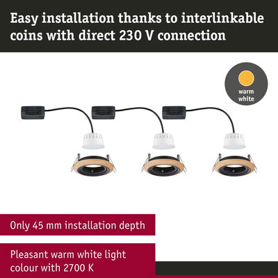 Three interlinkable LED recessed lights with wooden ring, 45 mm installation depth, warm white 2700 K
