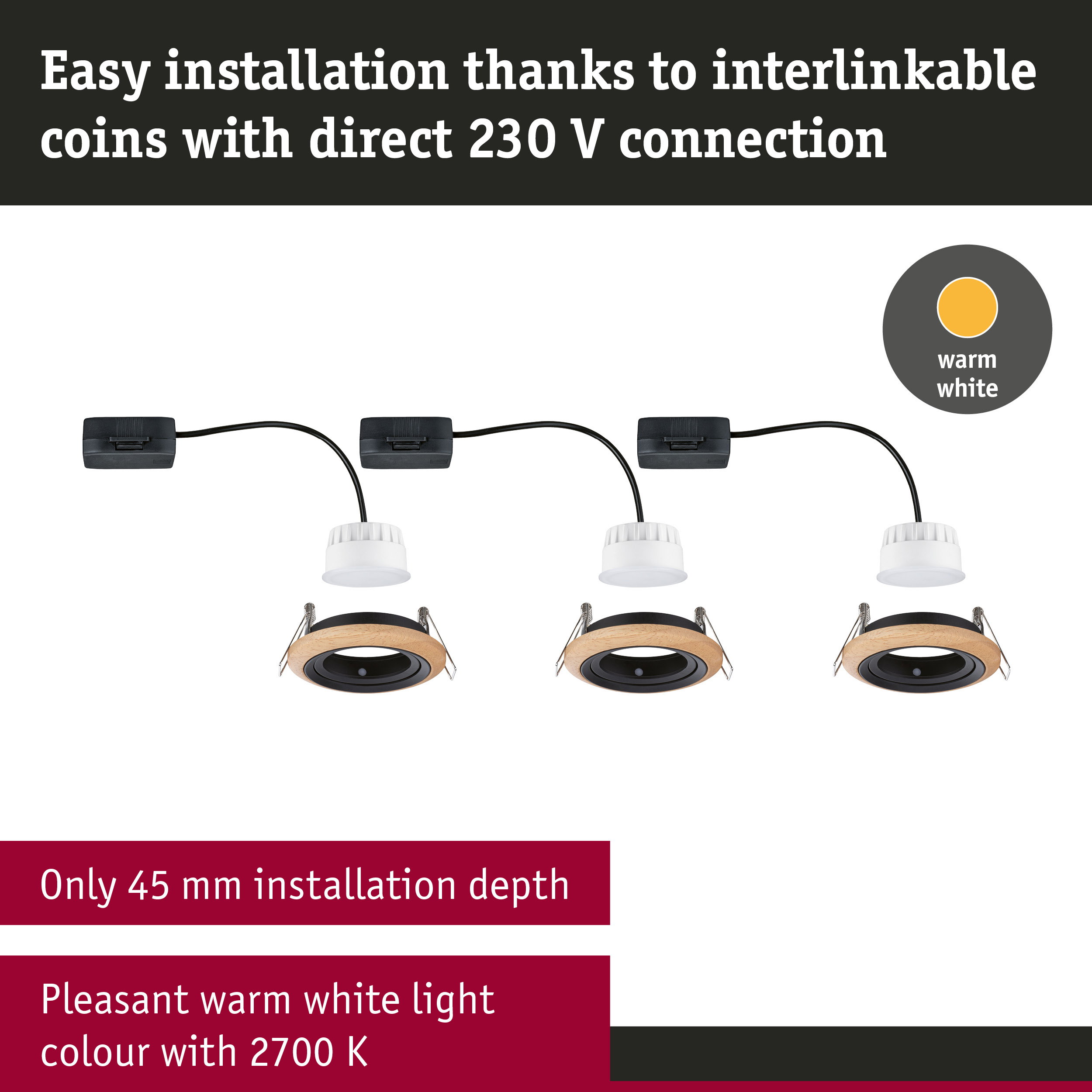 Three recessed spotlights with wooden ring and black interior, warm white light, 45 mm installation depth