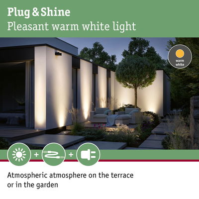 Modern outdoor lighting with warm white light on house wall and terrace creating atmospheric garden illumination