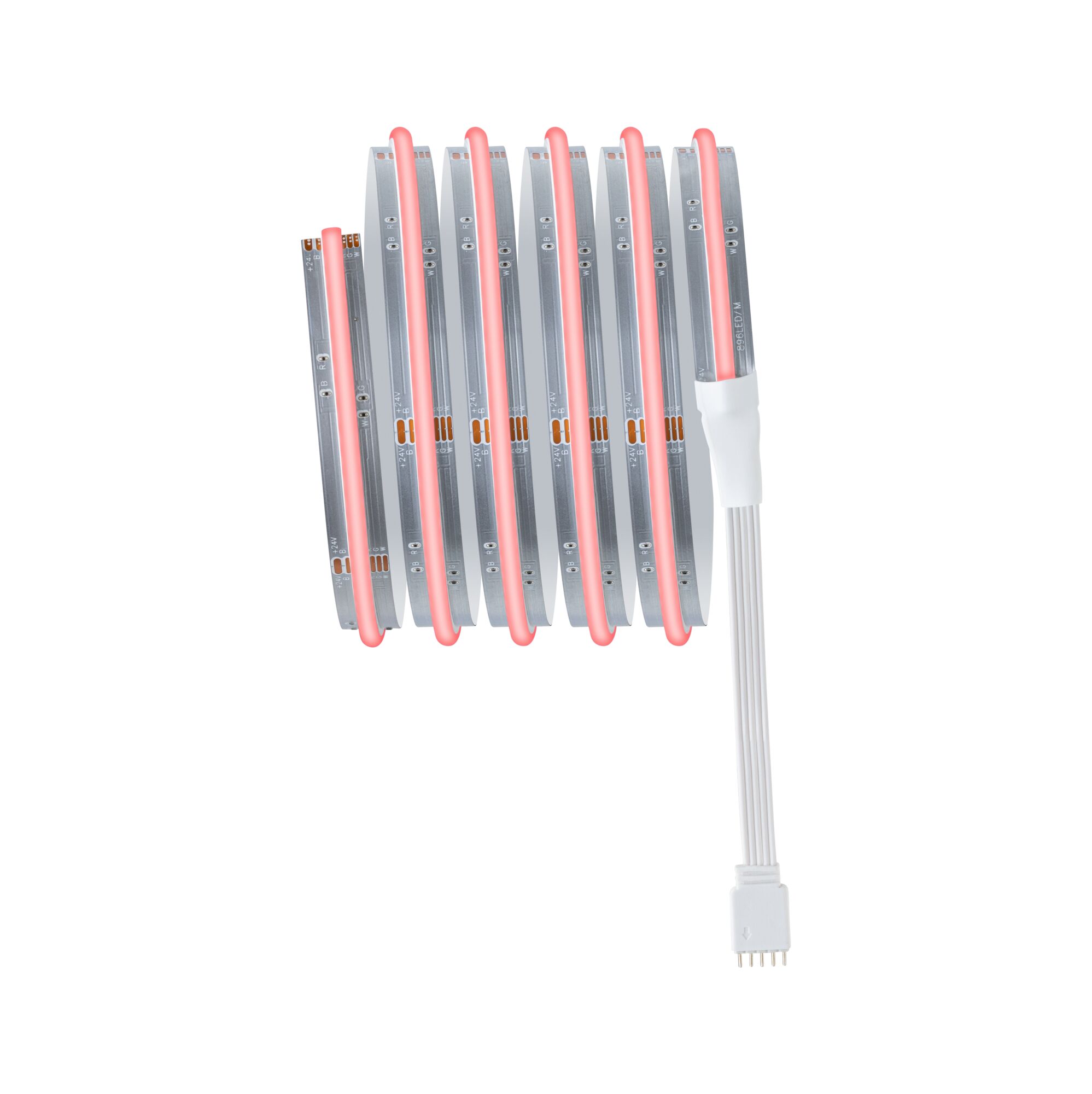 Flexible LED strip with red light and white connector cable for decorative lighting effects