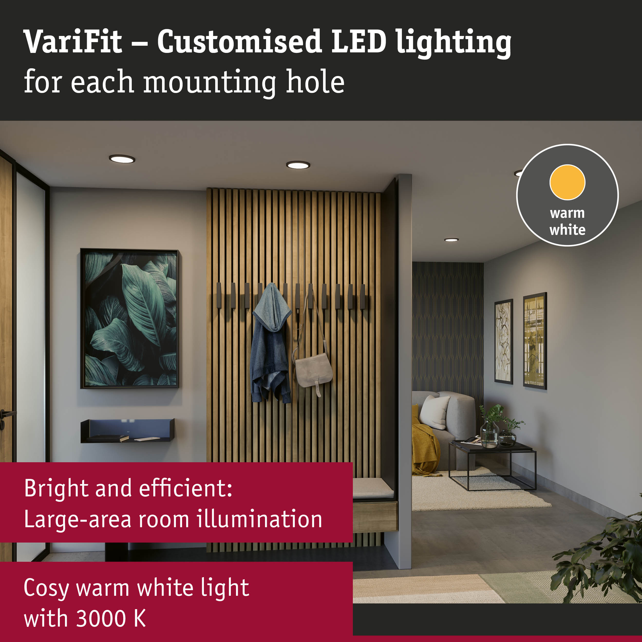 Modern hallway with warm white LED recessed ceiling lights for bright and efficient room illumination