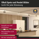 Moderne URail Spots und Pendel Hildor mit warmweißem LED-Licht in stilvoller Küche mit Holzpaneelen