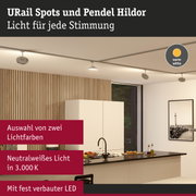 Moderne URail Spots und Pendel Hildor in warmweißem Licht über Kücheninsel mit Holzpaneelen